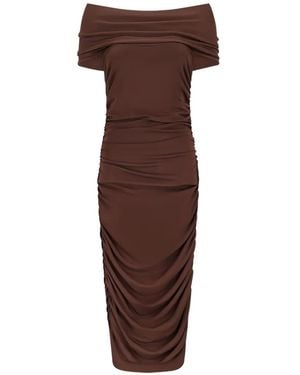 Des Phemmes Ruched Off-Shoulder Midi Dress - Brown