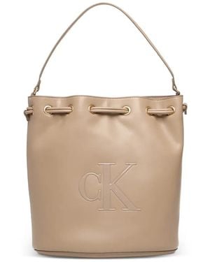 Calvin Klein Large Debossed-Logo Drawstring Bucket Bag - Natural