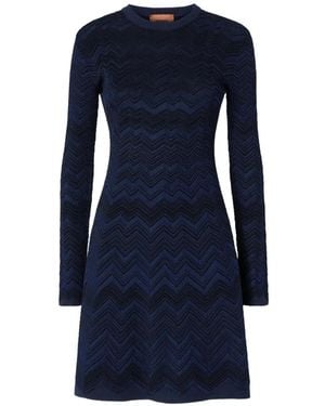 Missoni Zig Zag Viscose And Wool Crewneck Dress - Blue