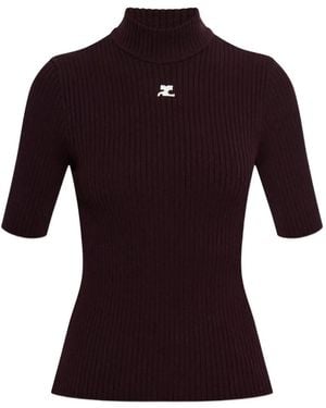 Courreges Reedition Ribbed Logo-Patch T-Shirt - Purple