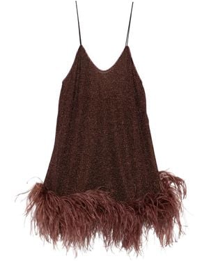 Oséree Feather-Detail V-Neck Mini Dress - Brown