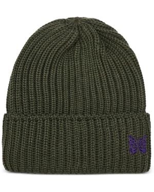Needles Ribbed-Knit Butterfly-Embroidered Beanie - Green