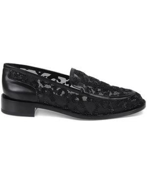 Rene Caovilla Crystal-Embellished Lace-Mesh Loafers - Black