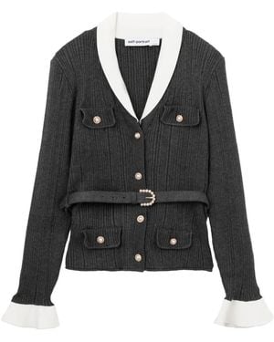 Self-Portrait Gerippter Cardigan Mit Gürtel - Schwarz