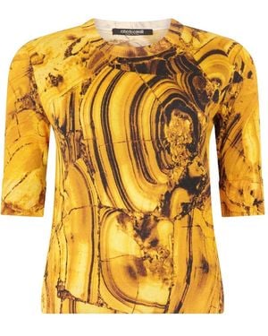 Roberto Cavalli Ambra-Print Ribbed T-Shirt - Yellow