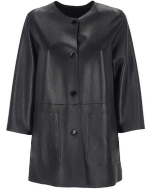 The Jackie Leathers Button-Fastening Leather Coat - Black