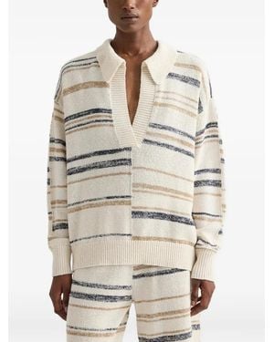 Twp Stripe-Intarsia V-Neck Jumper - Natural