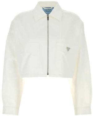 Prada Cropped-Jacke Mit Logo-Schild - Weiß