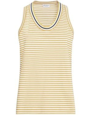 Brunello Cucinelli Striped Cotton Jersey Top With Precious Neckline - Natural