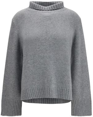 Allude High-Neck Ribbed-Cuff Sweater - Grey
