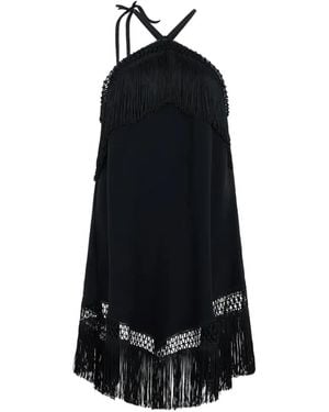 LES FILLES D'EVA Fringe-Trimmed Crochet-Knit Mini Dress - Black