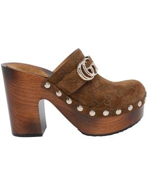 Gucci Mules Double G En Daim À Clous - Brown