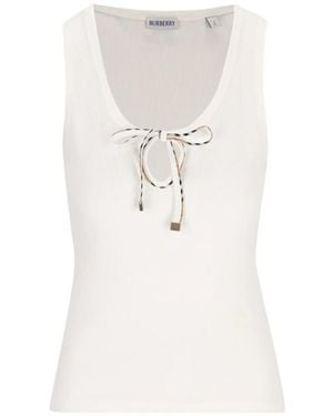 Burberry Ribbed-Knit Tie-Fastening Top - White