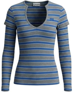 Ganni Striped Ribbed-Knit Top - Blue