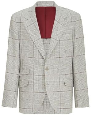 Brunello Cucinelli Silk, Wool And Cashmere Prince-Of-Wales Flannel Deconstructed Cavallo Blazer With Metal Buttons - Gray