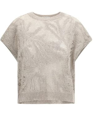 Brunello Cucinelli Short-Sleeve Round-Neck Sweater - Grau