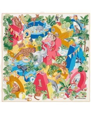 Ferragamo Jungle-Party Print Silk Scarf - Blue