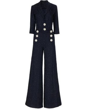 Costarellos Emilia Crystal-Button Tweed Jumpsuit - Blue