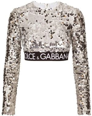 Dolce & Gabbana Top In Paillettes Con Elastico Logato - Black