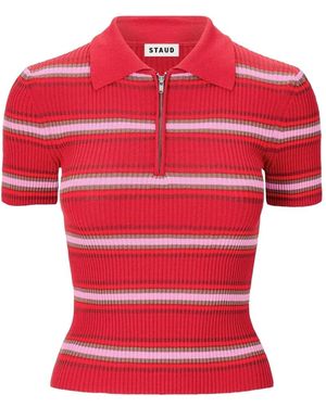 STAUD Ren Zip-Fatening Striped Polo Shirt - Red