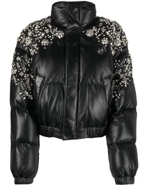Philipp Plein Crystal-Embellished Leather Puffer Jacket - Black