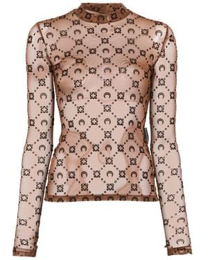 Marine Serre Moonogram Mesh Flock Long Sleeve Highneck Top - Pink