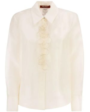 Max Mara Silk Shirt With Jewel Button And Rhinestone Ruffles On The Front - White
