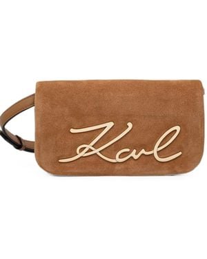 KARL LAGERFELD Logo-Plaque Suede Shoulder Bag - Brown