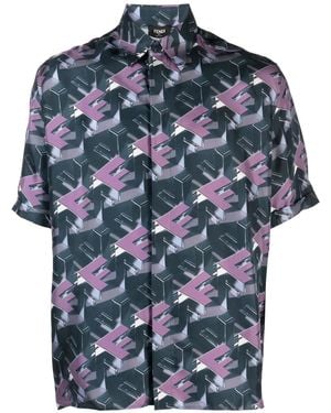 Fendi Ff Motif Italian-Style Silk Shirt, Brand Size 40 (Neck Size 16" - Blue