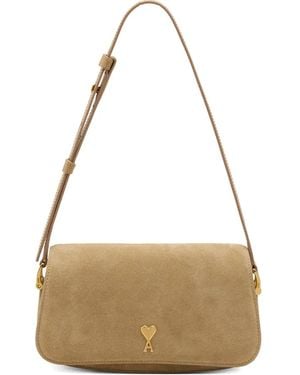 Ami Paris Suede Shoulder Bag With Front Logo - Natural