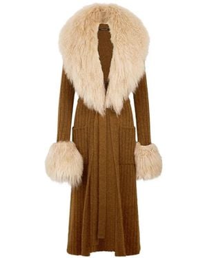 Roberto Cavalli Shearling-Trim Ribbed-Knit Coat - Natural