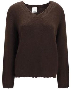 Allude V-Neck Ribbed-Trim Sweater - Brown