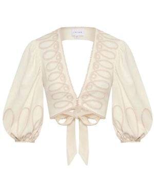 Ixiah Alkali Embroidered Puff-Sleeve Top - Natural