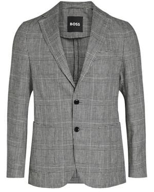 BOSS Plaid Single-Breasted Blazer - Grey
