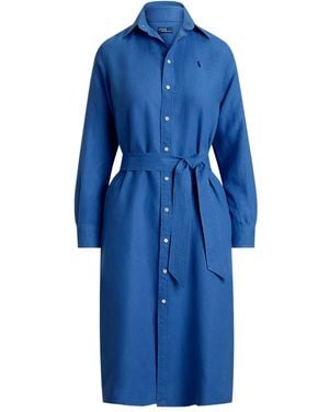 Polo Ralph Lauren Button-Down Linen Dress With Self-Tie Waist And Classic Collar - Blue