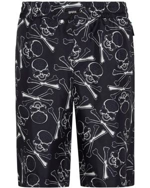 Philipp Plein Skull-Print Silk Shorts - Blue