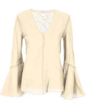 120% Lino Flared-Sleeve V-Neck Blouse - Natural