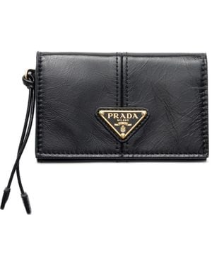 Prada Leather Card Holder With Flap - Grey