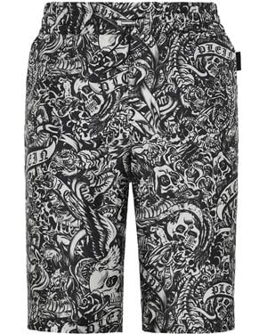Philipp Plein Tattoo-Print Silk Shorts - Grey