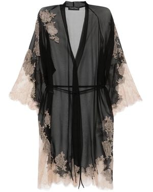 Carine Gilson Calais Caudry-Lace Silk Robe - Gray
