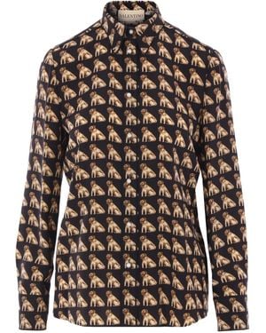 Valentino Garavani Dog-Print Pearl-Button Silk Shirt - Black