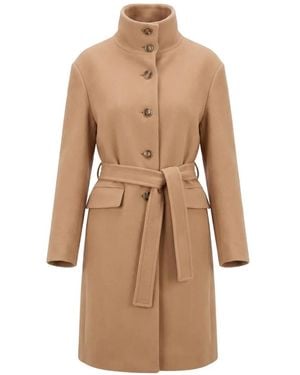 Pinko Wool-Blend Coat With High Neck And Belt - Natural