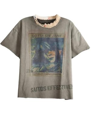 SAITOS See Jane Graphic-Print Distressed-Neck T-Shirt - Grey