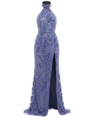 Saiid Kobeisy Halter-Neck Sequin-Embroidered Maxi Dress - Blue