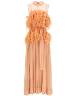Alberta Ferretti Feather-Embellished Silk Maxi Dress - White