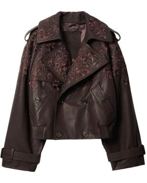 Burberry Doppelreihige Lederjacke Mit Blumen - Schwarz