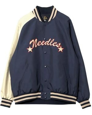 Needles Logo-Embroidered Contrast-Sleeve Bomber Jacket - Blue