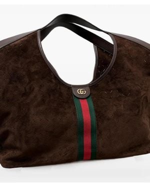Gucci Large Web-Stripe Double G Calf Suede Tote Bag - Black