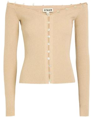 STAUD Ribbed-Knit Off-Shoulder Cardigan - White