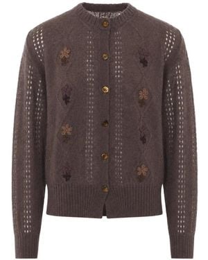 Magliano Floral-Appliqué Open-Knit Cardigan - Brown